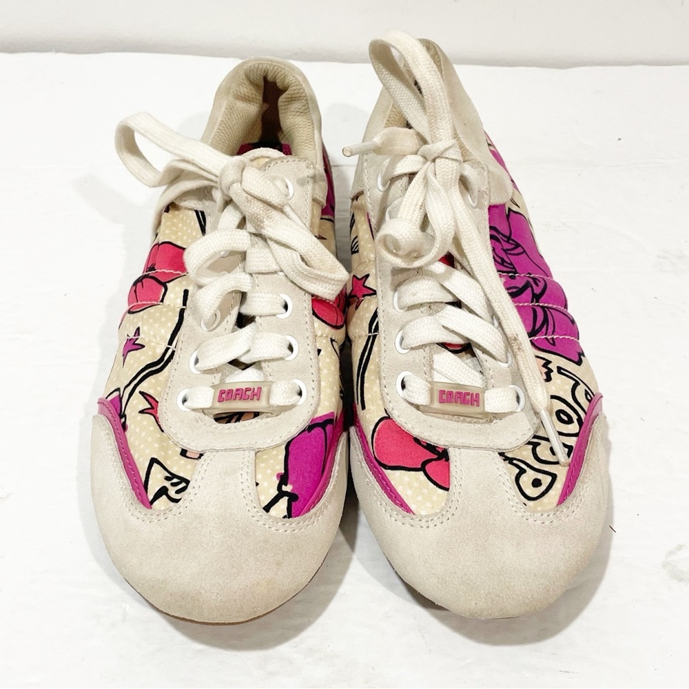 Coach Size 8 Dillon Poppy Leather Suede‎ Multi Color Floral Sneakers - Picture 2 of 7